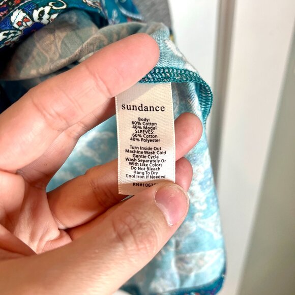 Sundance Sharrar Teal Paisley Contrast Cuff Mixed Print Knit Top Size Medium - Picture 6 of 7